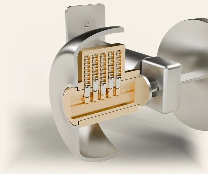 The same deadbolt with the housing cut away to show the cylinder and its plug