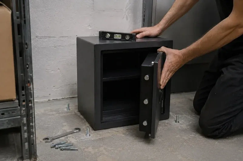 Person kneeling beside an open black safe with a spirit level on top and loose bolts and a wrench on the concrete floor. — Safe Installation & Servicing, Woolwich