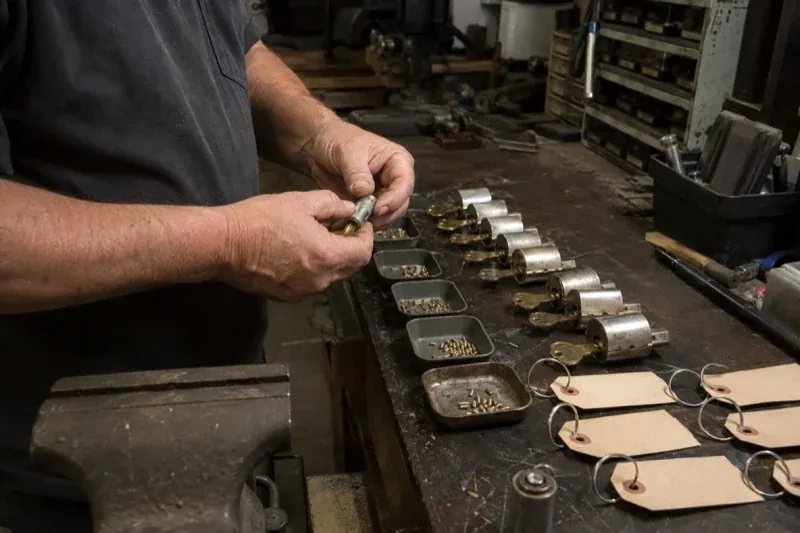 Person handling a lock cylinder at a workbench lined with cylinders, keys, small pin trays and blank key tags. — Commercial Rekeying, Woolwich