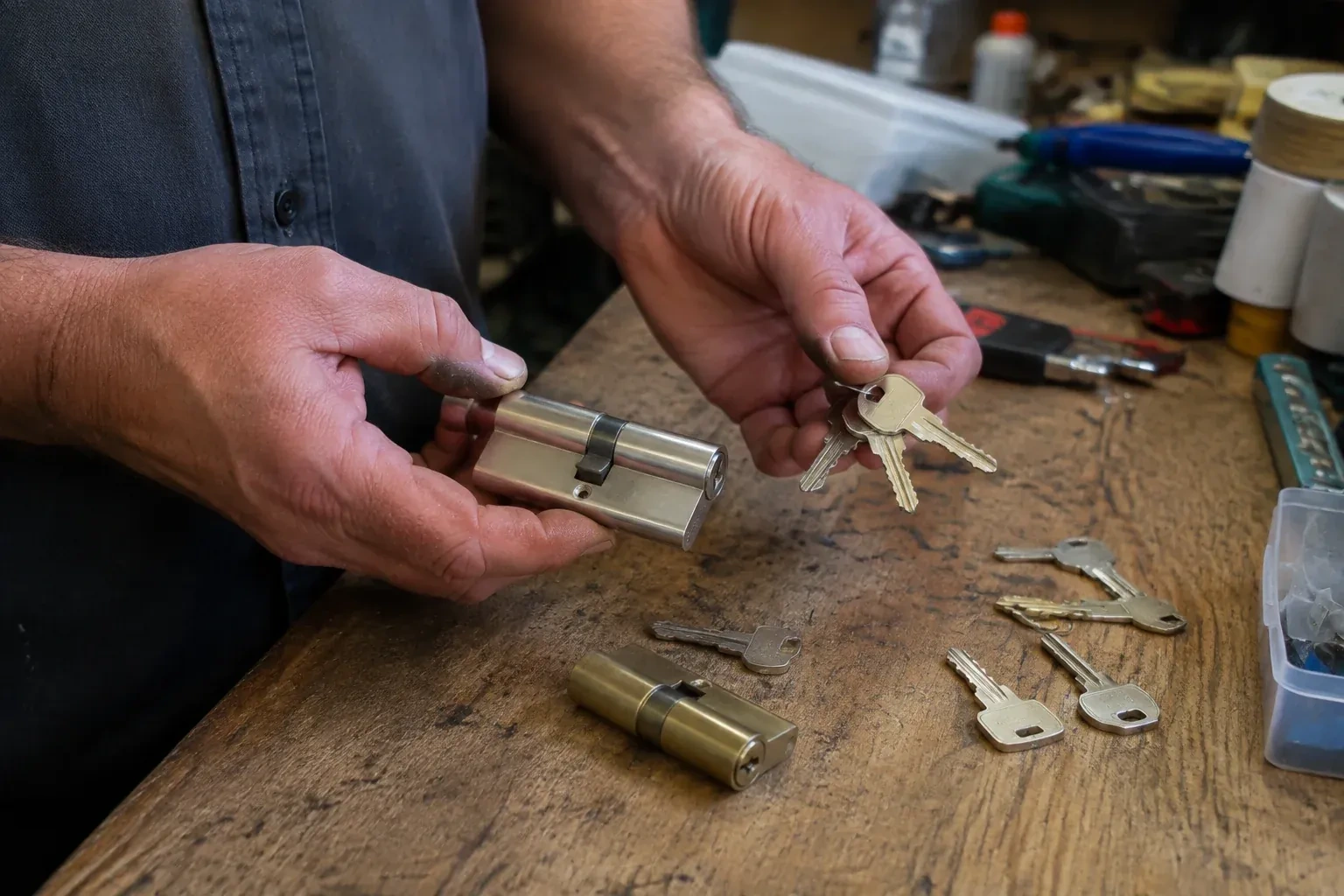 Hands holding a lock cylinder and a ring of keys above a worn workbench with another cylinder and loose keys. — Lock Rekeying, Woolwich