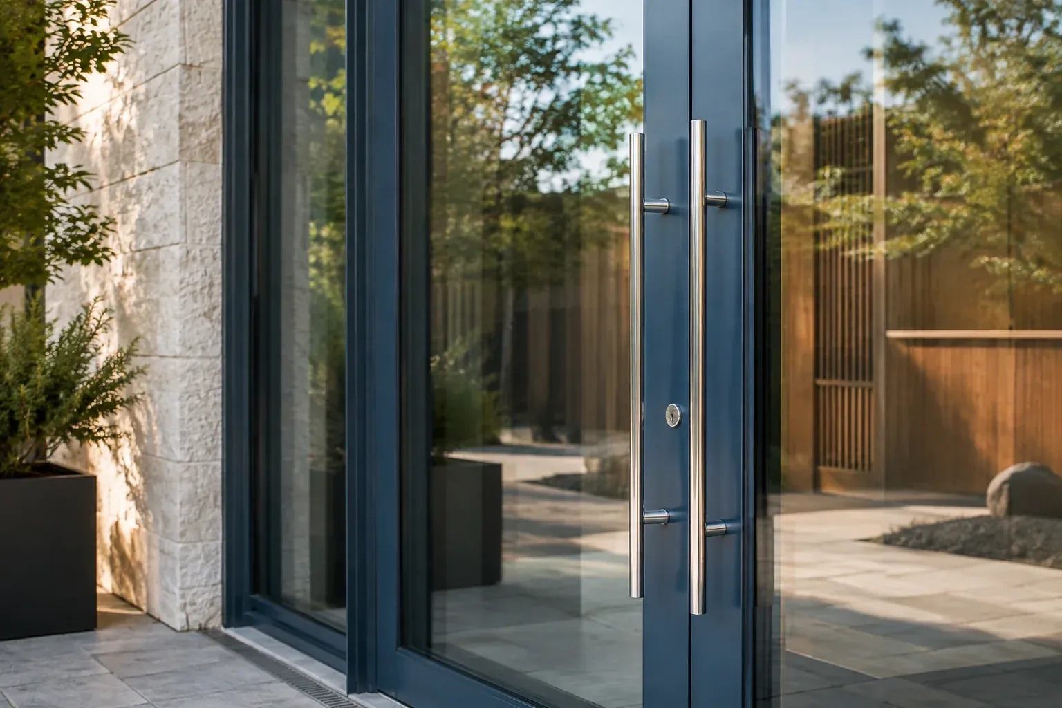 Dark-framed glass entrance doors with long silver-colored vertical pull handles and a round keyhole. — Business Lockout Service, Woolwich
