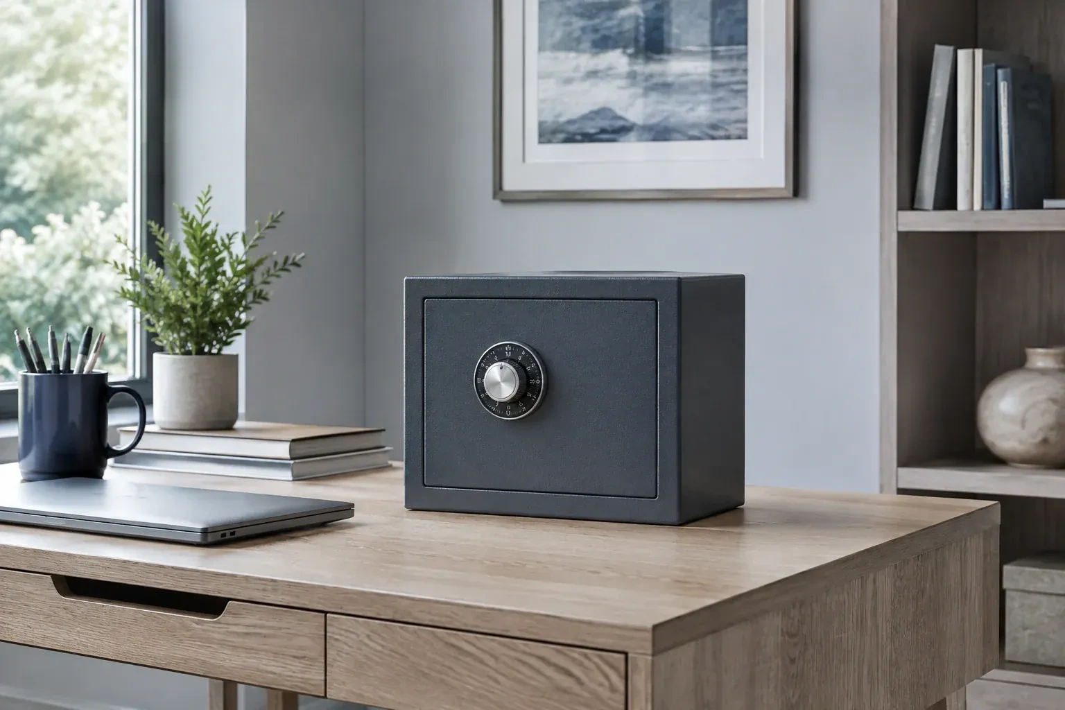 Small dark safe with a combination dial on a wooden desk beside a closed laptop and books. — Safe Opening & Combination Change, Woolwich