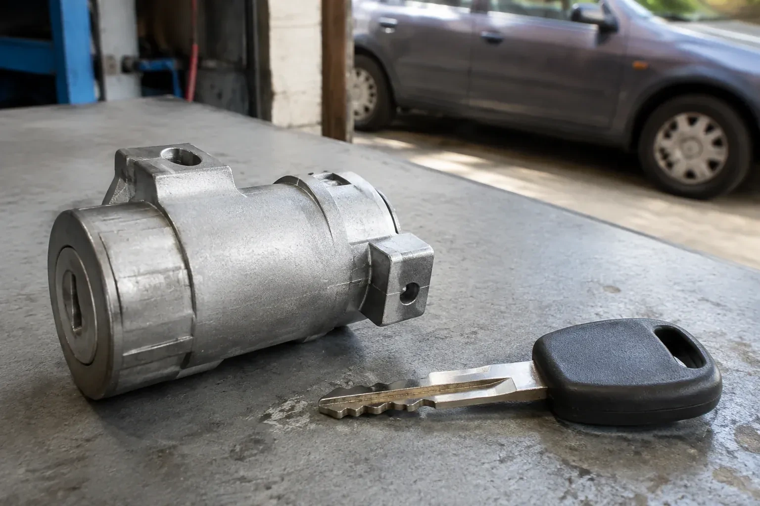 Detached cylindrical lock housing and black-headed key on an automotive workbench. — Ignition Lock Repair, Floradale