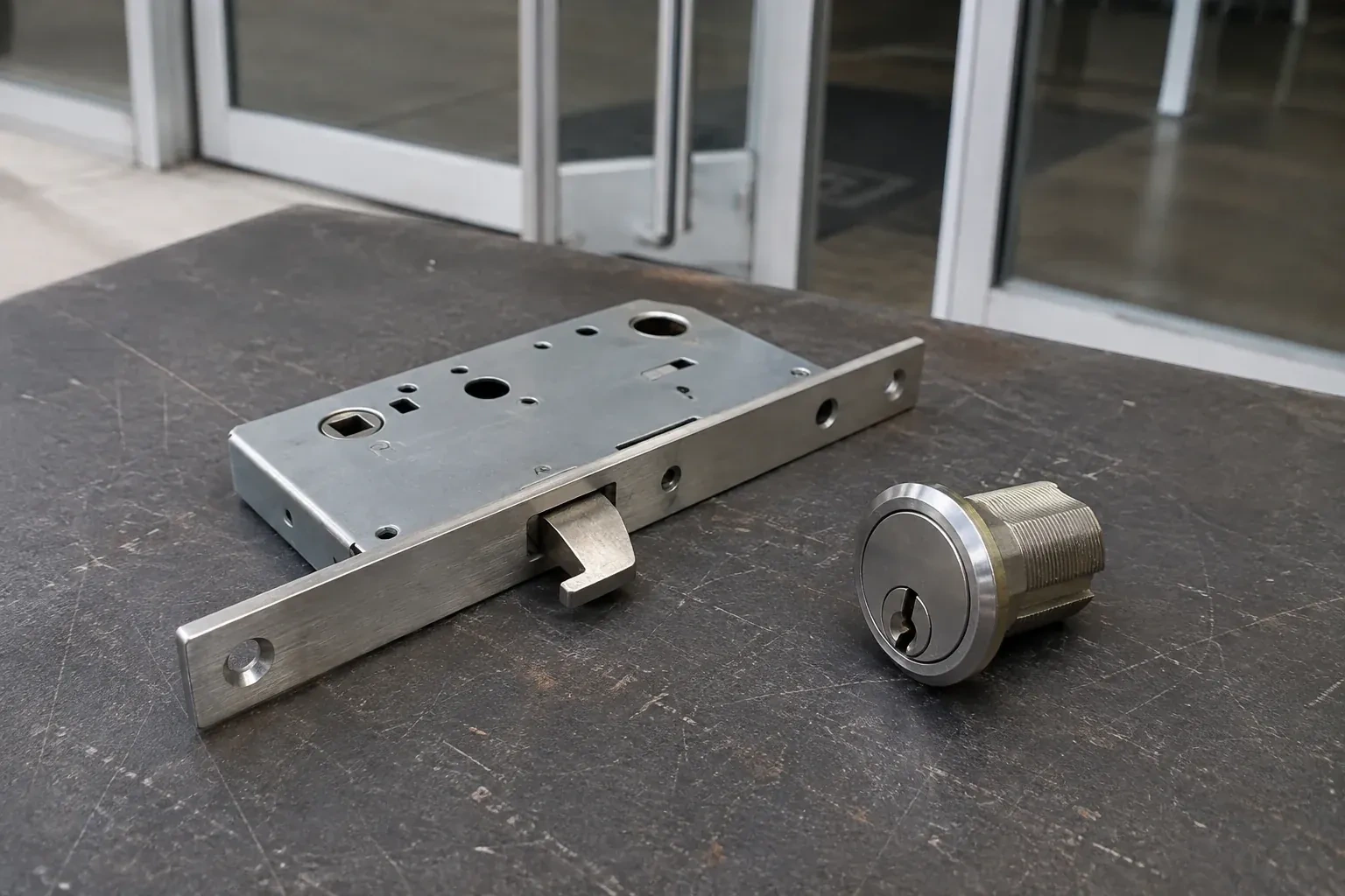 Detached mortise lock body with a projecting hook-shaped bolt beside a threaded cylinder. — Commercial-Grade Lock Replacement, Woolwich