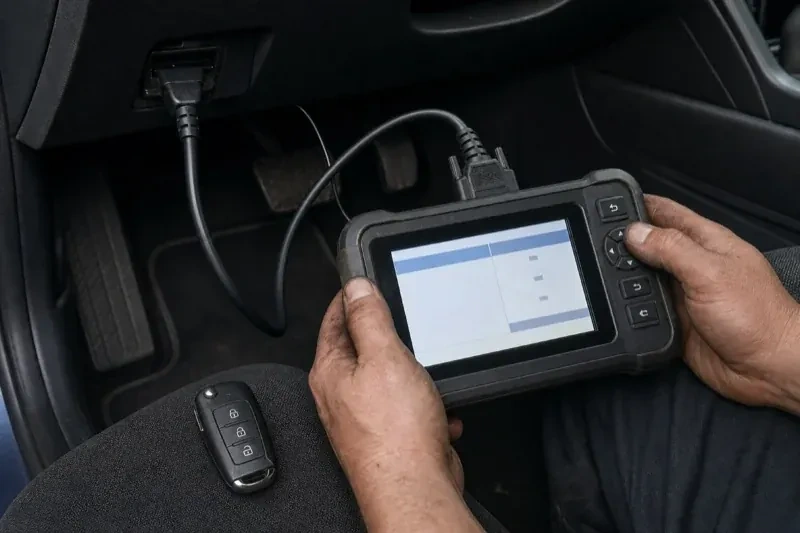 Hands holding a diagnostic tablet connected beneath a car dashboard, with a key fob resting on the person’s leg. — Key Fob Programming, Woolwich