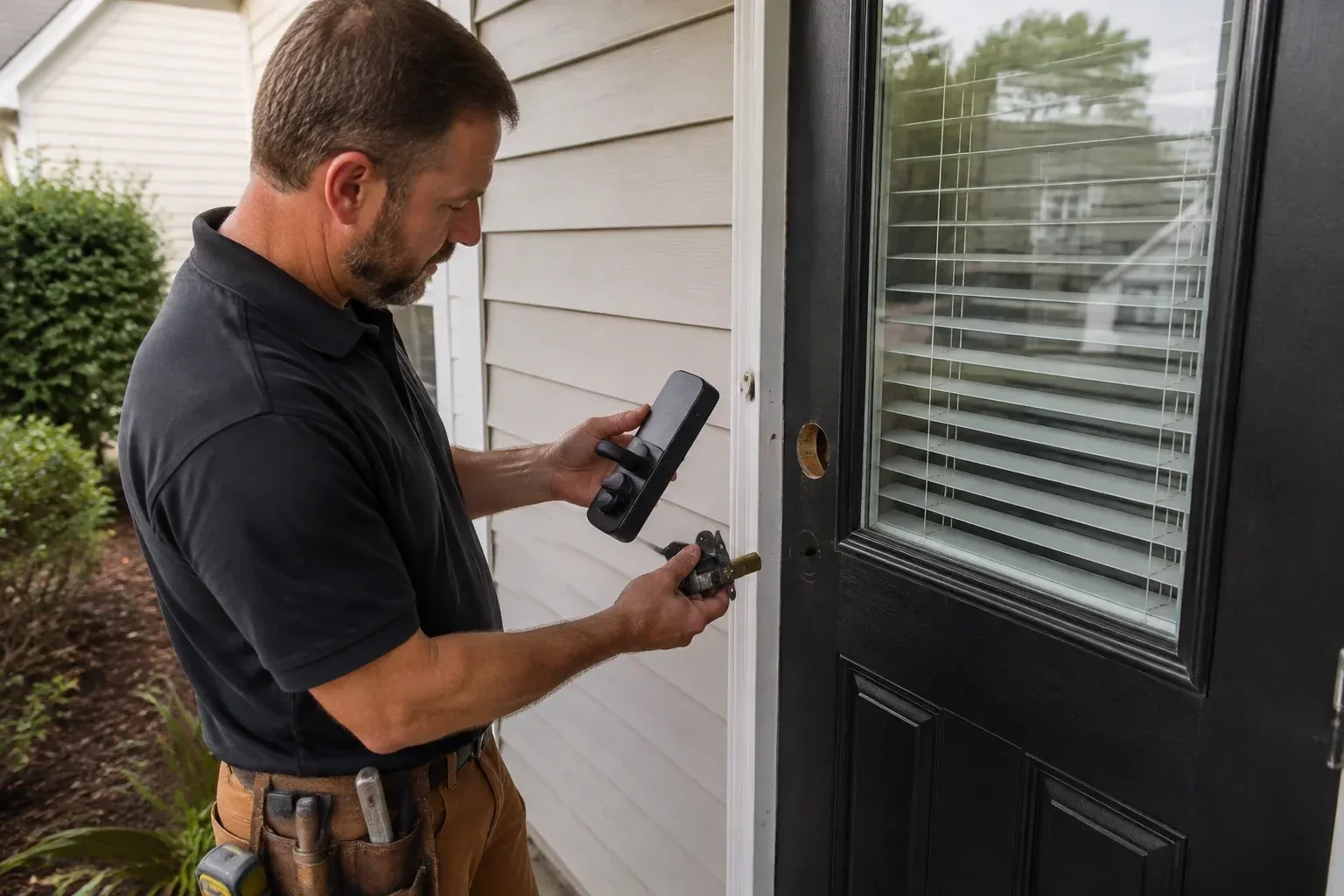 Person holding a black door-handle assembly and a latch beside a glazed door with exposed lock openings. — Smart Lock Installation, Woolwich