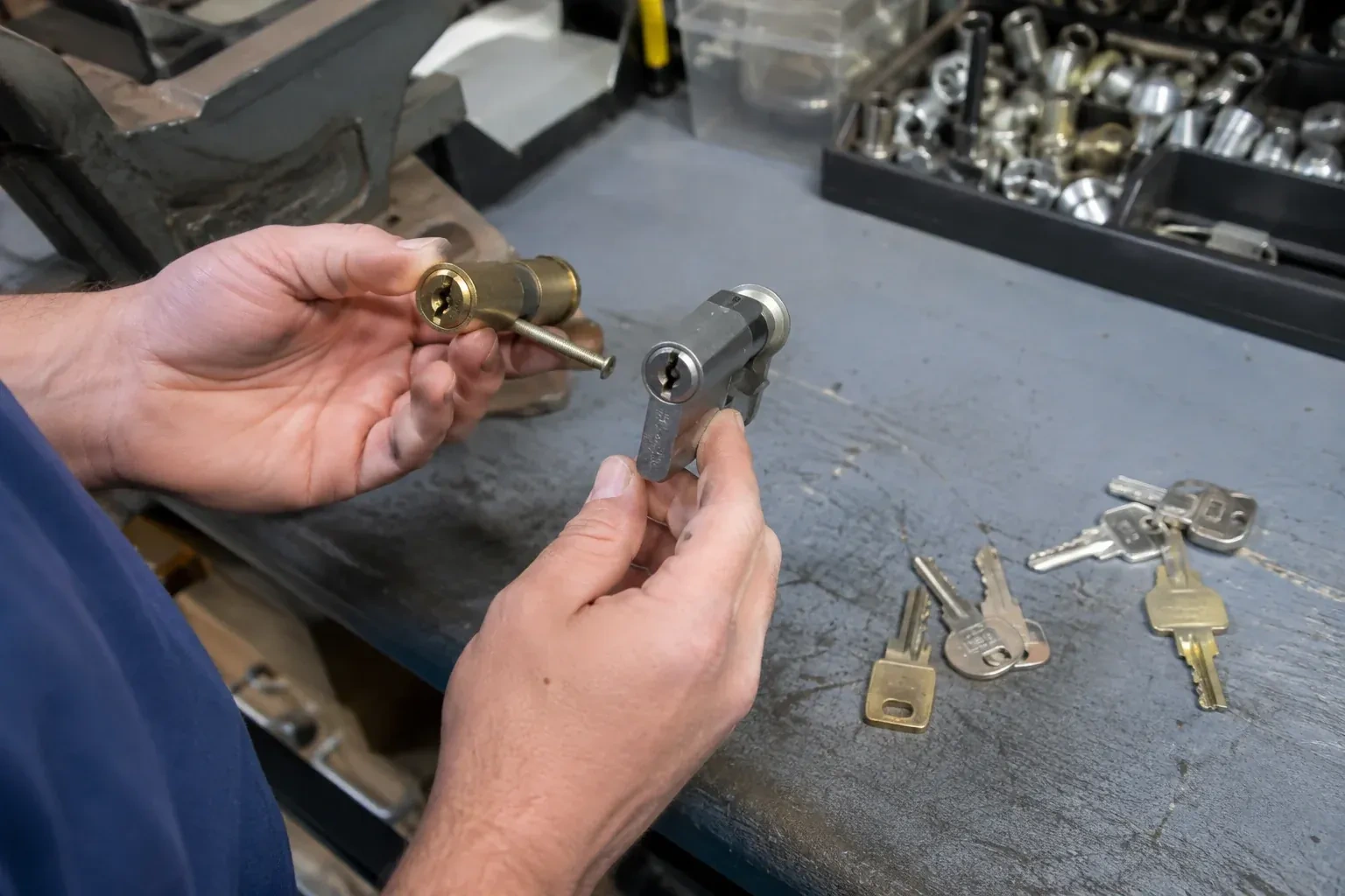 Hands comparing detached lock cylinders beside loose keys on a workbench. — Broken Key Extraction, Woolwich