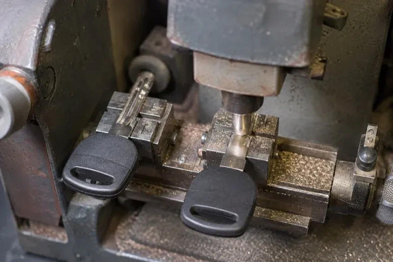 Two black-headed keys clamped in a bench machine, one beneath a vertical cutter, with metal shavings around the clamps. — Spare Car Key Duplication, Woolwich