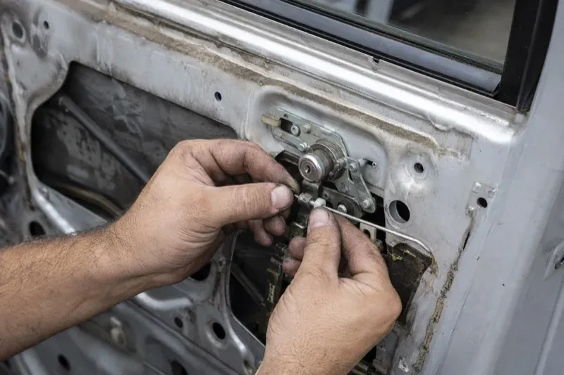 Hands holding a small linkage beside an exposed car-door lock mechanism with the interior trim removed. — Vehicle Lock Repair, Heidelberg