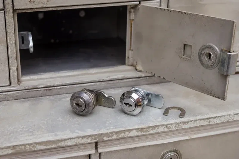 Two loose cam locks and a retaining clip resting below an open metal mailbox compartment. — Mailbox Lock Replacement, Woolwich
