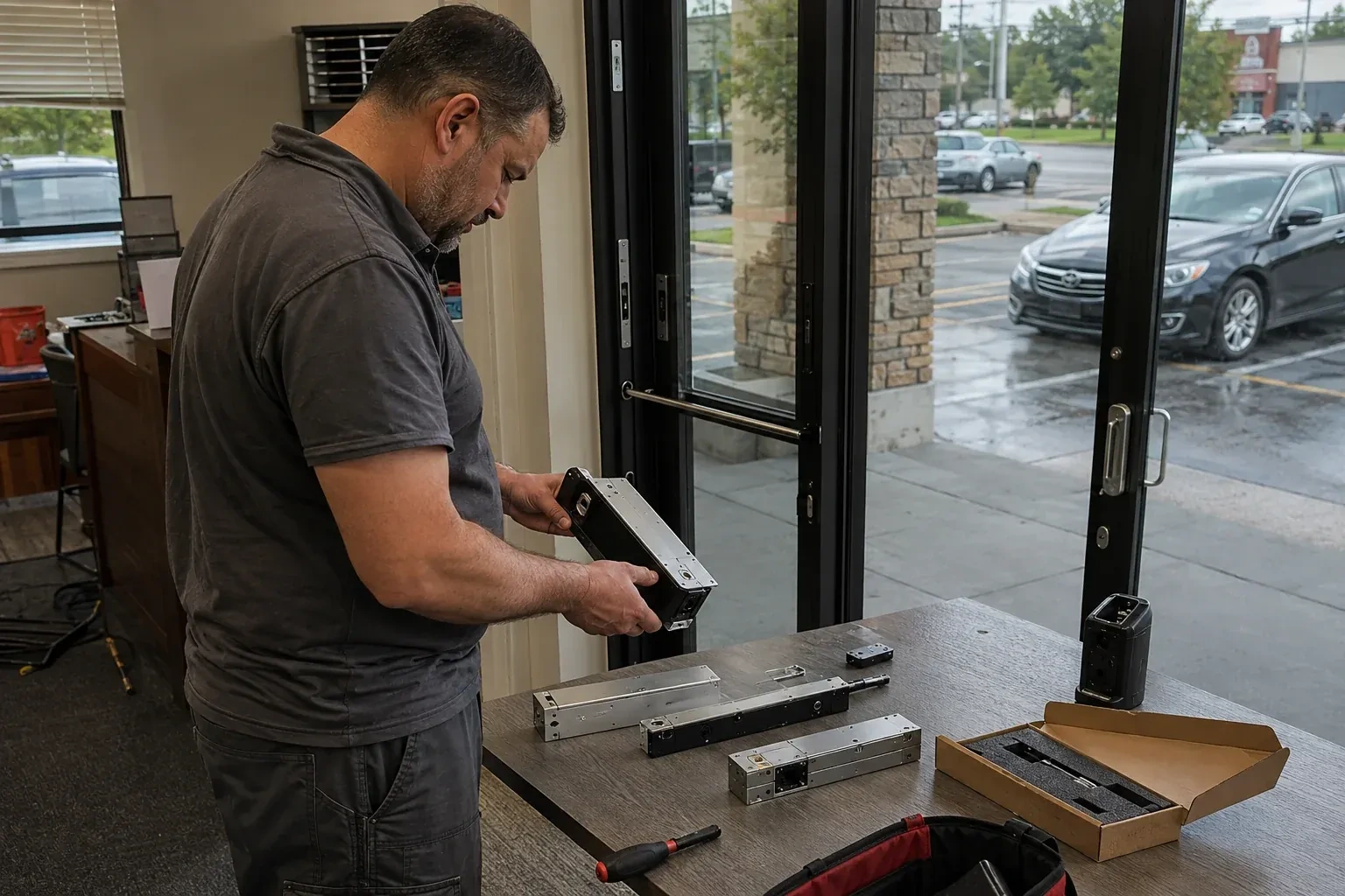 Person holding a rectangular door-hardware housing at a table with additional metal assemblies beside a glass entrance. — Access Control Installation, Woolwich
