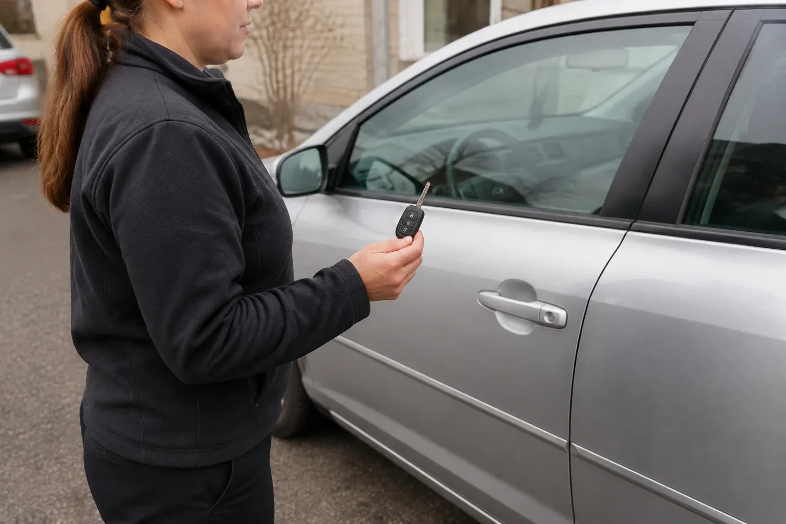 Technician holding a remote key with an extended blade beside a silver car. — Car Key Replacement, Woolwich