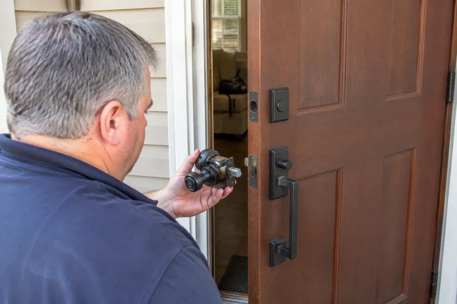 Person holding a removed black lock assembly beside a partly open brown front door with a long black pull handle. — Home Lockout Service, Woolwich