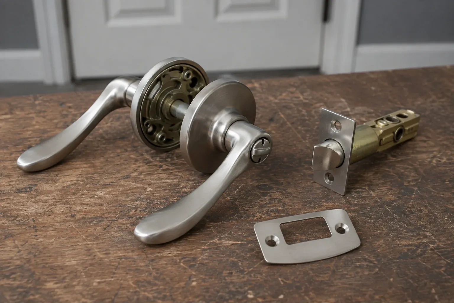 Detached satin-nickel lever hardware, tubular latch and strike plate on a wooden workbench. — Lock Replacement & Upgrade, Woolwich