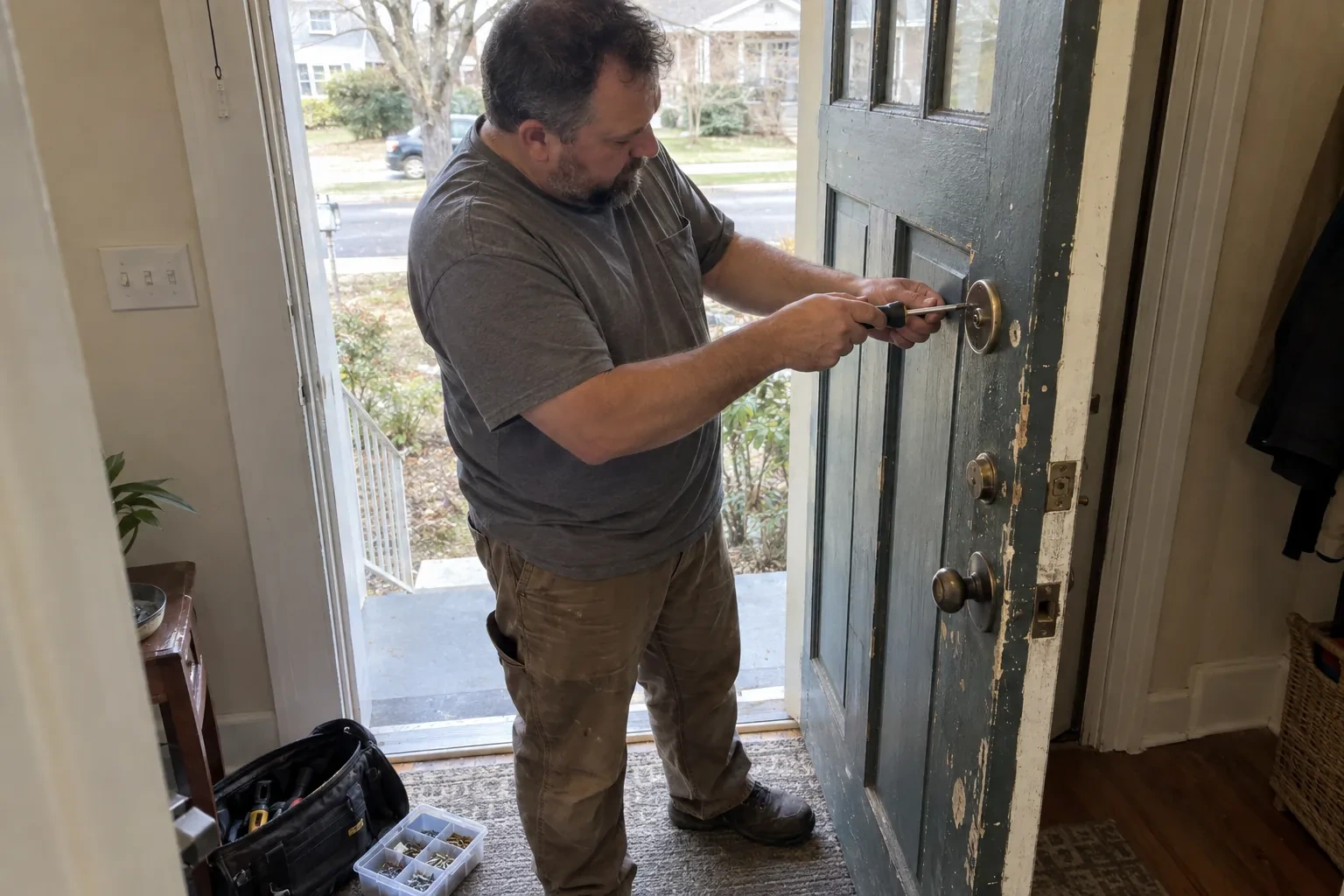 Technician using a screwdriver on the deadbolt of an open blue-gray front door, with a tool bag and screw tray nearby. — Deadbolt Installation, Woolwich