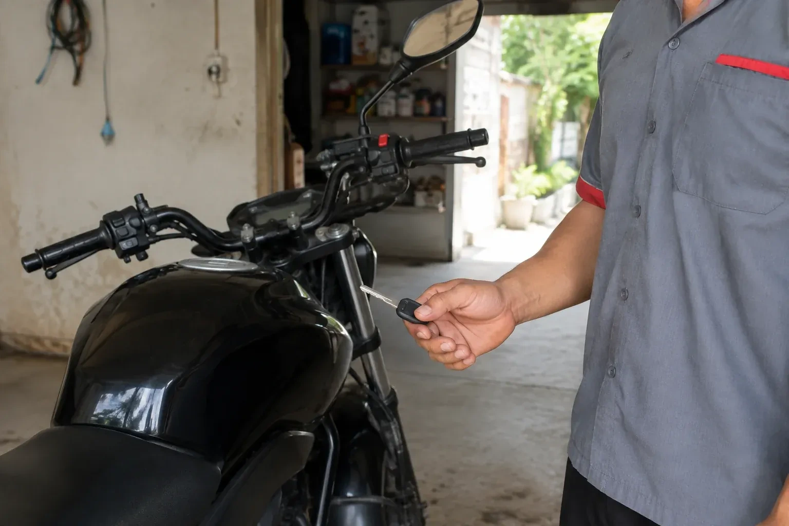 Technician holding a black-headed key beside a parked motorcycle. — Motorcycle & Scooter Keys, Woolwich