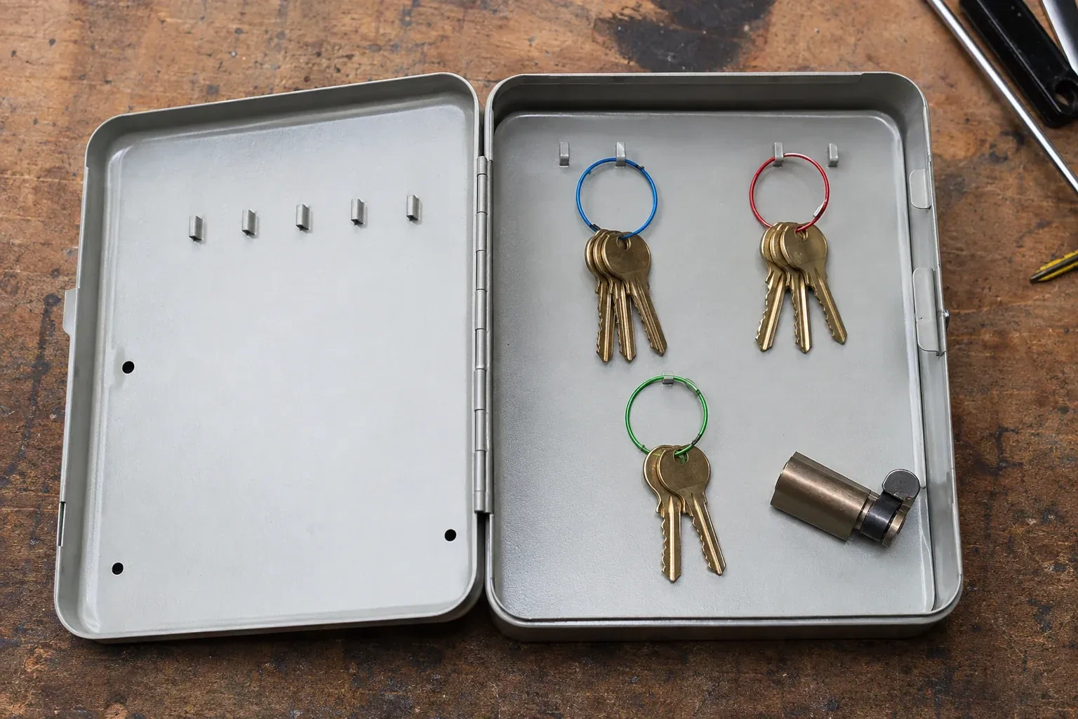 Three groups of keys on colored rings in an open metal key cabinet. — Master Key System Design, Woolwich