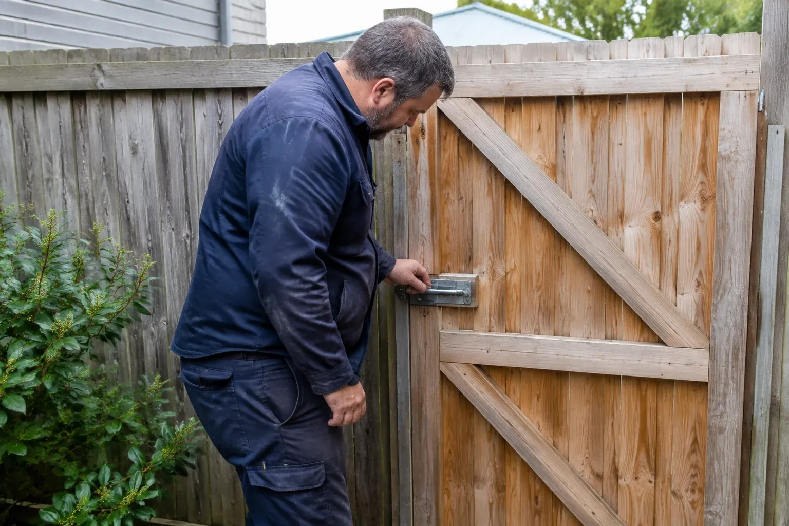 Person touching the sliding metal bolt on a wooden garden gate. — Gate & Building Entry Locks, Woolwich