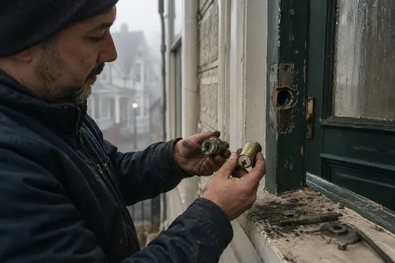 Person holding two lock cylinders beside an open painted door, with loose hardware and debris on the sill. — Seized & Jammed Lock Opening, Woolwich